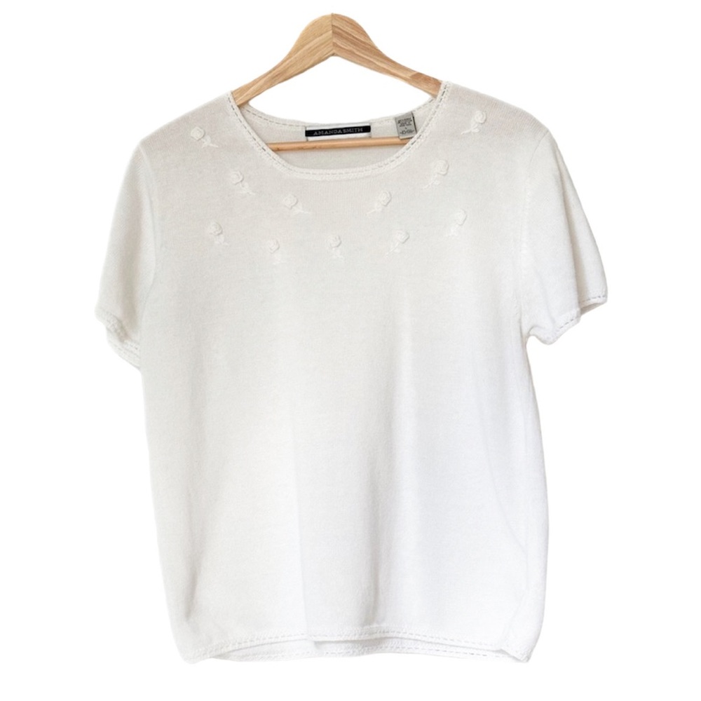 VTG Amanda Smith Off-White Embroidered Roses Flower Knit Top Blouse Shirt — L